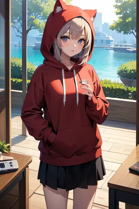 anime style、Have a game console、Standing picture、wearing a hoodie、woman、secondary elements、Vtuber、fantastic scenery