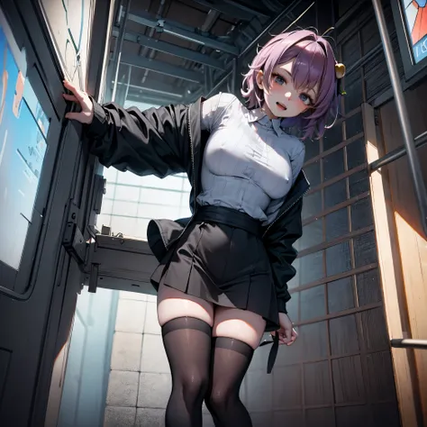 (Satori toho character:1.1), (solo), (standing), (stained glass), BREAK, short hair, large perky breasts, (inconceivably short torso), (inconceivably thin waist:1.2), (very long legs), BREAK, (tight black blazer:1.3), (black thighhighs:1.35), (very short b...