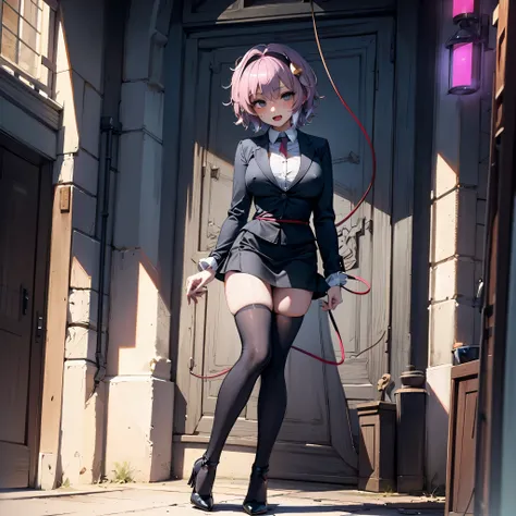 (Satori toho character:1.1), (solo), (standing), (stained glass), BREAK, short hair, large perky breasts, (inconceivably short torso), (inconceivably thin waist:1.2), (very long legs), BREAK, (tight black blazer:1.3), (black thighhighs:1.35), (very short b...
