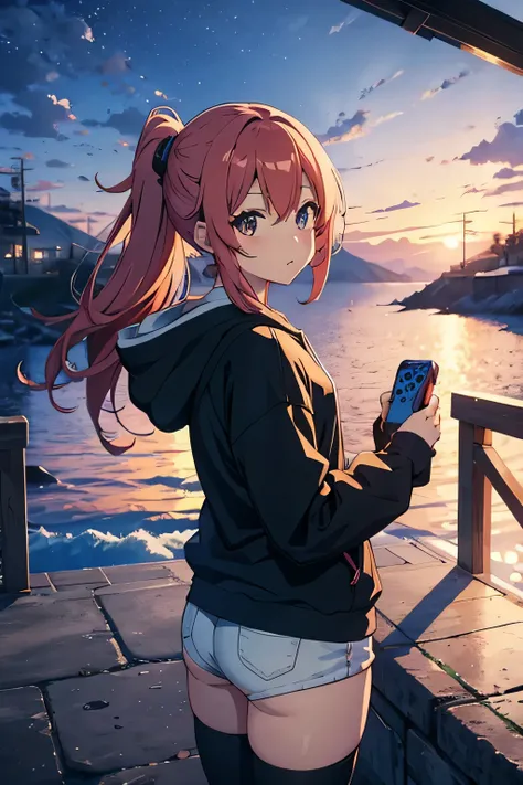 anime style、Have a game console、Standing picture、wearing a hoodie、woman、secondary elements、Vtuber、fantastic scenery