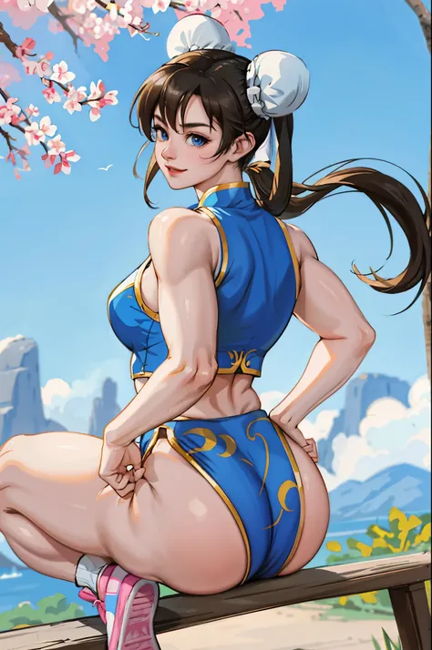 ((Chun li)), ((big ass)), Wearing pink outfit with gold details, in the park enjoying the view, blue eyes, smiling while showing off her ass