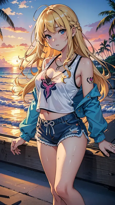 最high quality、best image quality、masterpiece、teenage girl((18-year-old、 By becoming、vest bust、medium bust,wide open breast tea、black eye, blonde hair、Habitual hair、long hair、thin,highest valley、blue shorts、attractive face、heart tattoo、black aloha shirt、swe...