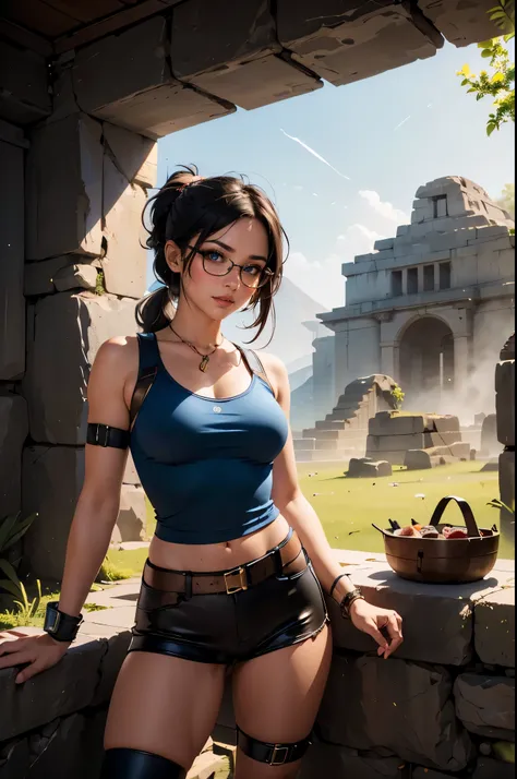 ((landscape)), ((ancient Vikings tomb)), a beautiful young explorer girl is standing in the picture, wearing a Jill Valentine outfit, long black hair in a ponytail, bangs, wearing glasses.