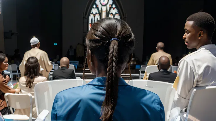 craft a hyper-realistic 4k close up rear view image of 2 african people (a priest and a lady sitting on a plastic chair) with other people in the background. rear view