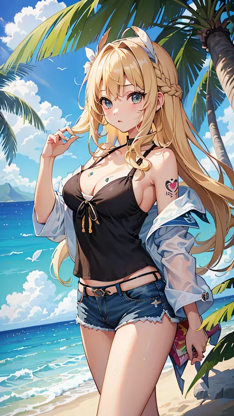 最high quality、best image quality、masterpiece、teenage girl((18-year-old、 By becoming、vest bust、medium bust,wide open breast tea、black eye, blonde hair、Habitual hair、long hair、thin,highest valley、blue shorts、attractive face、heart tattoo、black aloha shirt、swe...