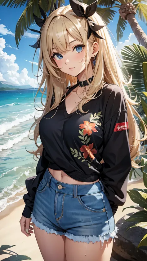 最high quality、best image quality、masterpiece、teenage girl((18-year-old、 By becoming、vest bust、medium bust,wide open breast tea、black eye, blonde hair、Habitual hair、long hair、thin,highest valley、blue shorts、attractive face、heart tattoo、black aloha shirt、swe...