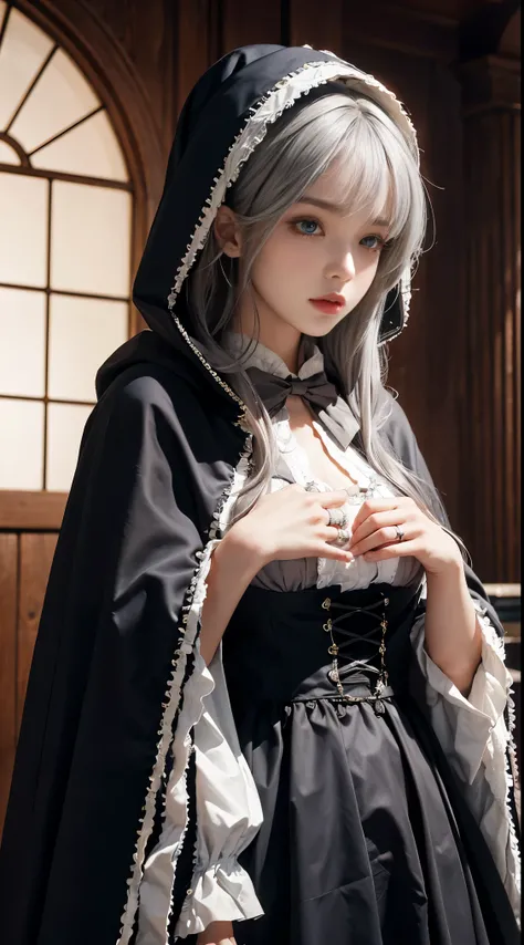 realistic, High resolution, 1 female, alone, hip up,(lolita costume)， beautiful eyes, gray hair, ring-shaped eyes, (Yuki，cloak，)