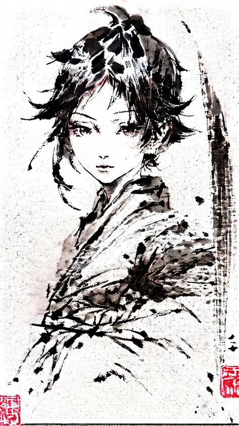 black and white drawing of a ninja with a sword, in yoji shinkawa's art style, inspired by yoji shinkawa, yoji shinkawa : : port...