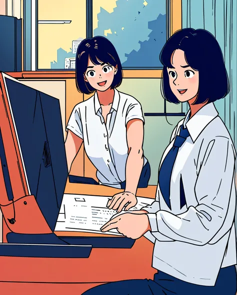 2 girls, 20 Yo,2 girls chatting about work at a computer desk,with short hair,( white collar shirt:1.2), big eyes ,:d,
On the first day of work,Computer office,cover, Three fold composition,
masterpiece, best
quality,.