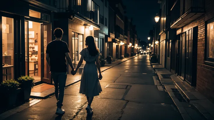 a boy and girl holding hands walking at night in a nice place