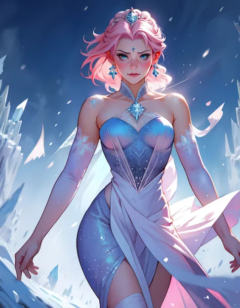 1 mulher, fantasiada de Elsa, strong emotions, sakura,pink hair,  (cabelo curto!!), luz, foco, frozen, como elza de frozen , corpo inteiro, solo, magia ao seu redor. from head to toe, vestido azul,neve, corpo inteiro, strong emotions, corpo todo!!!! usando...