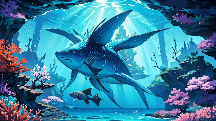 best quality,anime style,captivating background,oceanarium filled with vibrant and diverse marine life,fish swimming gracefully,detailed and intricate underwater ecosystem, mesmerizing blue hues,sun rays penetrating through the water,sparkling reflections,...