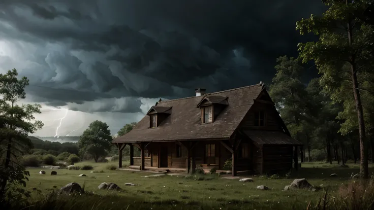 shady house in a forest in stormy weather