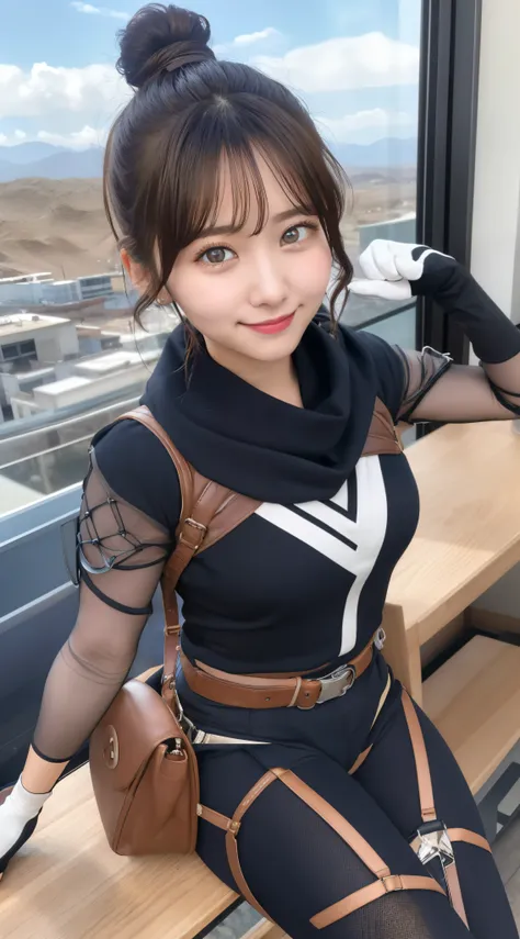 (table top, highest quality:1.2), Ghost (apex legend), 1 girl, alone, シングルヘアbun hair, bun hair, body suit, scarf, 黒のbody suit, holding, chest, black hair, Black scarf, Large chest, blue eyes, belt bag, brown belt, bangs, 分けたbangs, hair behind the ear, glov...