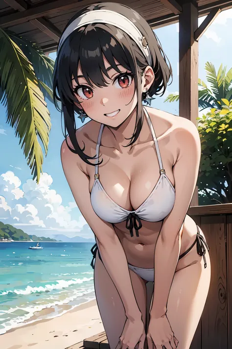 masterpiece, yor, 1girl, solo,shy,embarrassed,blushed,black hair, red eyes, bare shoulders, jewelry, collarbone, sidelocks, hairband, earrings,outdoor,seaside,smile,bikini,swimsuit,plant, short hair with long locks, white hairband,big side hair,very long s...