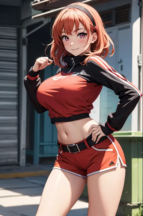 (best quality,4k,8k,highres,masterpiece:1.2), ultra-detailed,takami chika, pink eyes, red sweatshirt , midriff,red shorts, black belt, headband, long sleeves,black fingerless gloves,navel, standing ,one hand on hip another hand on head,slightly excited and...