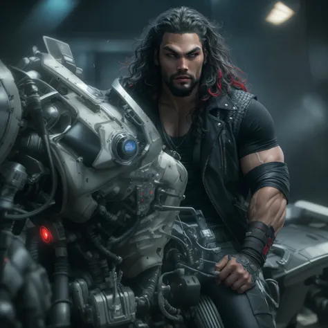 Full body image, a photo of Jason Momoa as Lobo from DC comics, muscular, ((((ghostly pale skin)))), (((red eyes))), sleeveless black biker vest, riding star wars hoverbike, Intricate, High Detail, Sharp focus, dramatic, photorealistic digital art, photo-r...