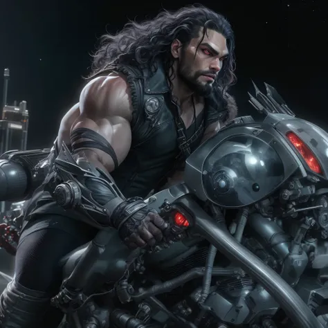 Full body image, a photo of Jason Momoa as Lobo from DC comics, muscular, ((((ghostly super pale skin)))), (((red eyes))), sleeveless black biker vest, black hair, riding space sci-fi hoverbike, Intricate, High Detail, Sharp focus, dramatic, photorealistic...