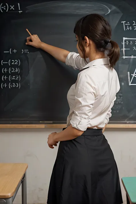 a teacher giving mathematics classes at the blackboard and seen from behind. he should be close and write on the board with his ...