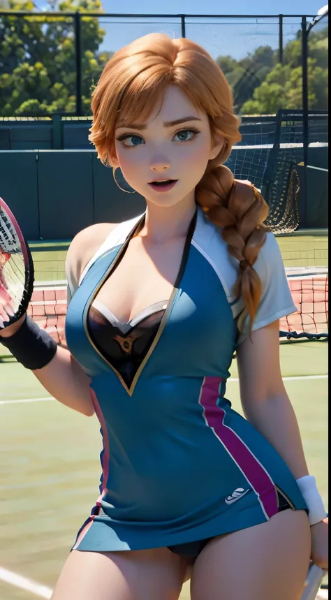 Photo of Anna of Arendelle as a tennis player, Tennis court, Tennis clothes, tennis costume, action: Play tennis, disney movies「Frozen」Anna, expensive and sexy, Superb face, perfect body, provocative, nice, show your chest, huge breasts, expensive, sexy le...