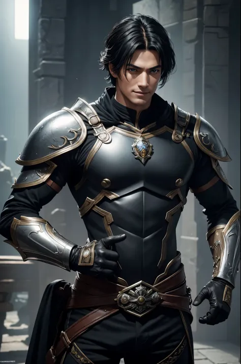 8K,Photoreal,RAW photo(highest quality;1.4) ,(1 adult male),super handsome(lifelike face),black hair medium long,handsome prince with blue eyes,black and brown combat uniform,black and silver pants,Equipped with a long and large sword on his waist,Wearing ...