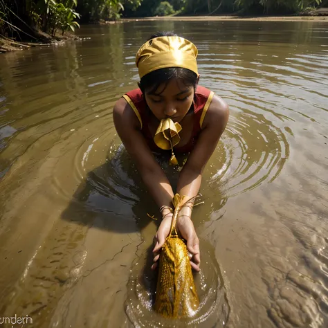 Udang dan bandeng berwarna emas di atas sungai dengan rumput di samping ada tulisan Sidoarjo