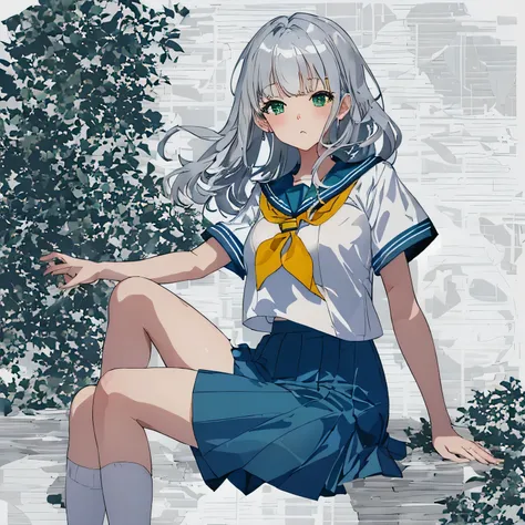 masterpiece, highest quality,shape,sailor suit,slanted eyes,straight hair,silver hair,side parted,super dense skin,calf white socks,surprised,beautiful and detailed eyes,blush,turn your arms behind your back,short sleeve shirt,green eyes,Plump : 1.3,Rear v...