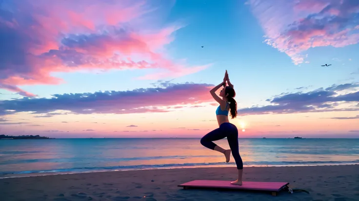 girl doing yoga, birds are flying, A very beautiful and colorful sky, a peaceful seaside, 8K