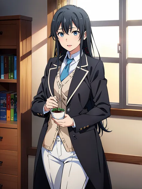 Yukinoshita Yukino ,Woman wearing formal clothes, An attractive coat stands in a large gap in the room , 1girl, bachelor, blue necktie, Black hair, Blue eyes, long hair, He smiles , Collared shirt, White pants, White shirt , Elegantly designed coat , Stand...