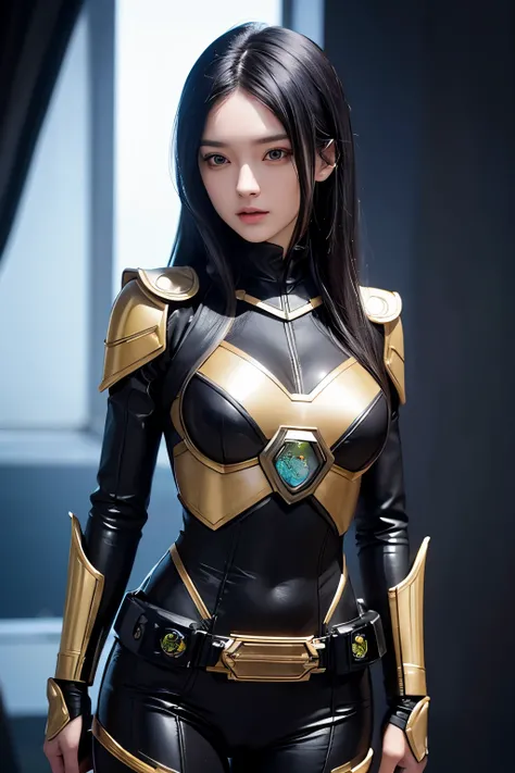 A beautiful woman. eighteen. Black hair. She is wearing a metallic battle suit. There is something on his waist that is reminiscent of Kamen Riders transformation belt. Shes in a spaceship. A masterpiece.