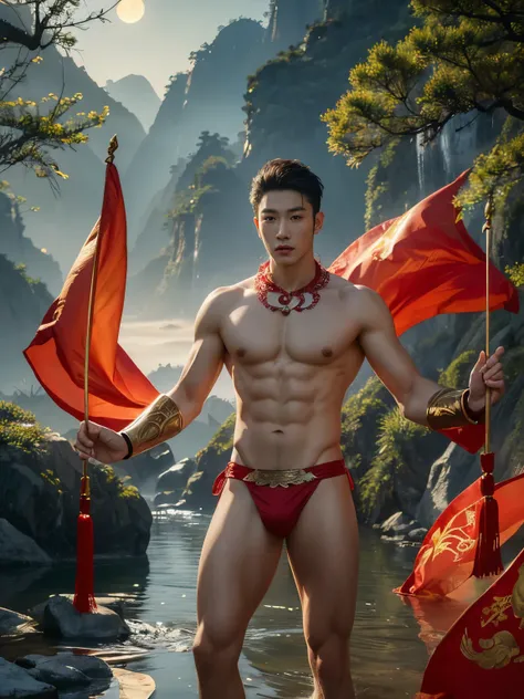 (photorealistic, masterpiece, best quality), handsome asian male, chinese man, young, slim athletic body, wearing only a loincloth, artistic and magical background, chinese mythology, lunar new year inspired, year of the dragon, reds and golds, fantasy art...