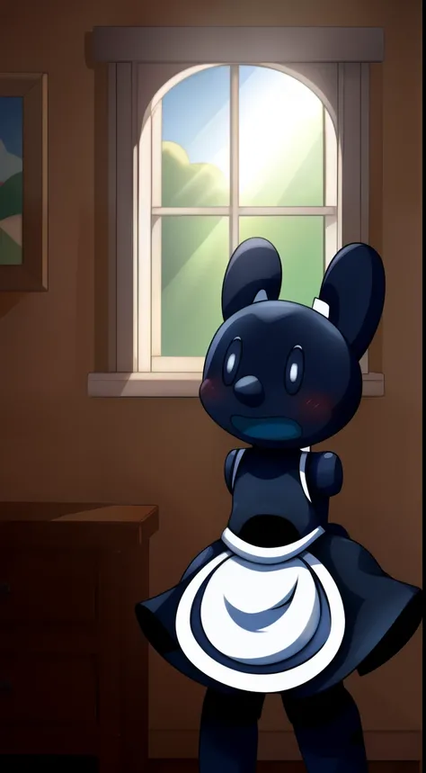 Oswald, armless, missing arms, no arms, black eyes, big and wide mouth, agape, white polka dots on ears, full body, maid dress, shy expression, expressive, blushing harder, dynamic angle, bedroom, window, sunrays, furniture, detailed art, intricate details