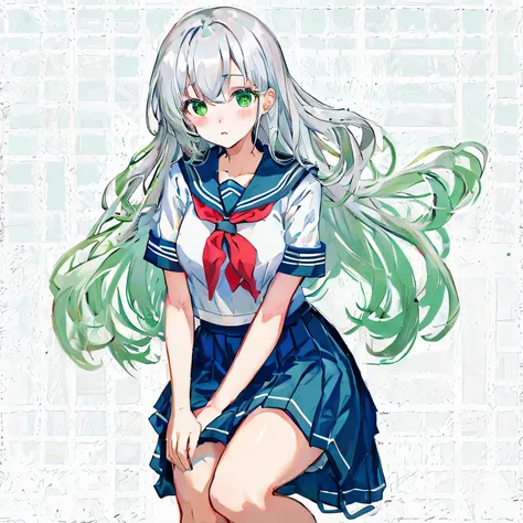 masterpiece, highest quality,shape,sailor suit,slanted eyes,straight hair,silver hair,side parted,super dense skin,calf white socks,surprised,beautiful and detailed eyes,blush,turn your arms behind your back,short sleeve shirt,green eyes,Plump : 1.3,Rear v...