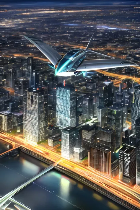 Imagine a captivating and photorealistic image of a futuristic flying car, soaring gracefully above a sprawling cityscape. The innovative design of the car, with its sleek lines and advanced features, stands out against the backdrop of the metropolis below...