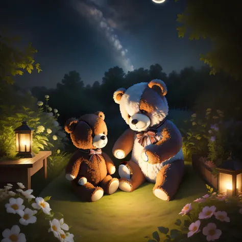 bedtime sleepy cute Teddy bear (realistic) sitting in a beautiful garden at night time with lots of bright stars and 1 big moon in the sky