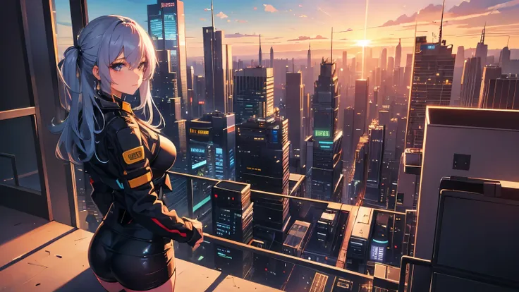 city, overview, cyber punk, light, sunset, pretty girl