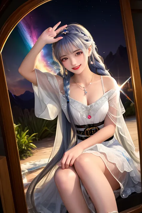 ((melhor qualidade)), ((obra de arte)), (detalhado), rosto perfeitoCreate an 18-year-old female character with a bright, smiling aura. Her hair is silver and crystallized with two Peruvian moths, one on each side, there are 3 small daisies in each braid ev...