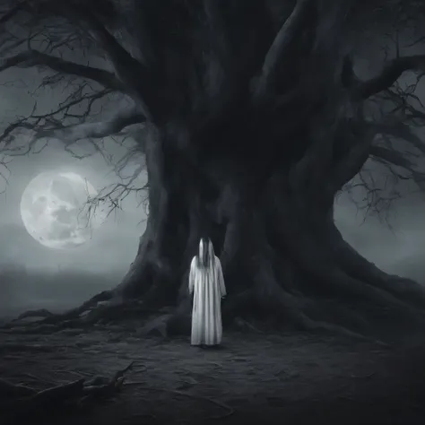 A 30-year-old Burmese girl with long hair was surrounded by a white circle on the ground, dark at night, fog, and big trees.