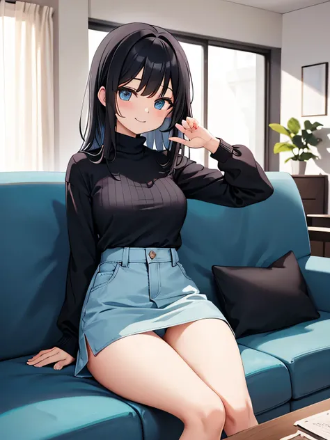 (1) A woman is sitting with her knees together on a sofa in the living room. Light blue pants can be seen through the gap between the skirt and thighs..
(2) The woman is wearing a turtleneck knit, miniskirt and socks.
(3) The woman has medium length black ...