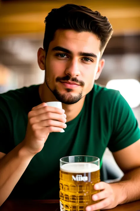 RAW photo in sequence, uma foto de um jovem homens, sentado em um bar, holding a beer and looking at the camera, ((Clearly visible face details)), programa profissional, natural lighting, HDR, imagem realista, invoking interactions, attractive male appeara...