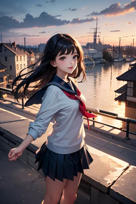 very cute and beautiful girl,teen,(highly detailed beautiful face),
(smile),black hair,(sailor school uniform,pleated navy blue mini skirt),dynamic pose,looking at viewer,
many european houses with red roof,(town overview:1.2),
(best quality,masterpiece:1....