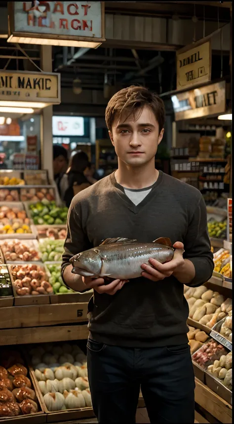 Masterpiece, Highest Quality, Ultra-Detailed, Hyper-Real, Daniel Radcliffe, perfect face, FOTO FRONTAL, cinematic lighthing, full body, Fish market shopping