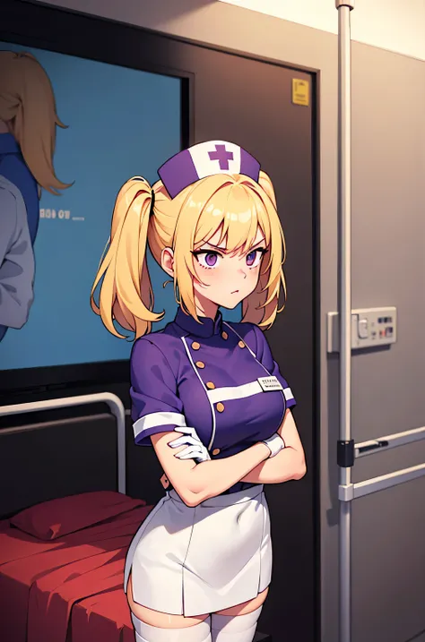 1 girl, alone, nurse, nurse cap, Whiteware, ((white legwear, zettai ryouiki)), white gloves, twin tails, yellow hair, purple eyes, anger, crossed arms, Are standing, ((hospital room)), sharp outline, short sleeve, highest quality, masterpiece