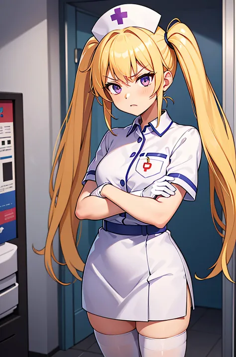 1 girl, alone, nurse, nurse cap, Whiteware, ((white legwear, zettai ryouiki)), white gloves, twin tails, yellow hair, purple eyes, anger, crossed arms, Are standing, ((hospital room)), sharp outline, short sleeve, highest quality, masterpiece