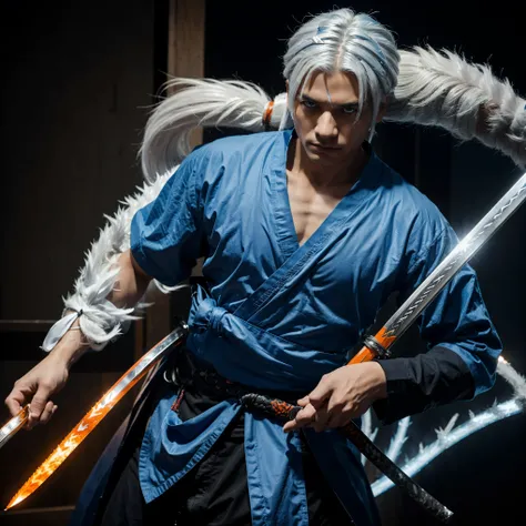 create a man, then add 2 katanas in his left hand, a fire katana, an ice katana in his right hand, then create a blue dragon spirit behind him. The man had white hair, his right eye was blue and his left eye was bright orange