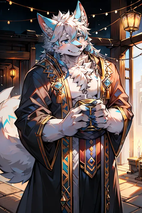 Unique role，hairy male，Hairy chest，Coyotes，canine，Blue-white fur，long white hair，The ends of the hair are purple，bright blue eyes，being bullied，charming，Handsome，big tail，Full body male love，high priest，wear robe，Congratulations on the new year，Hand held s...