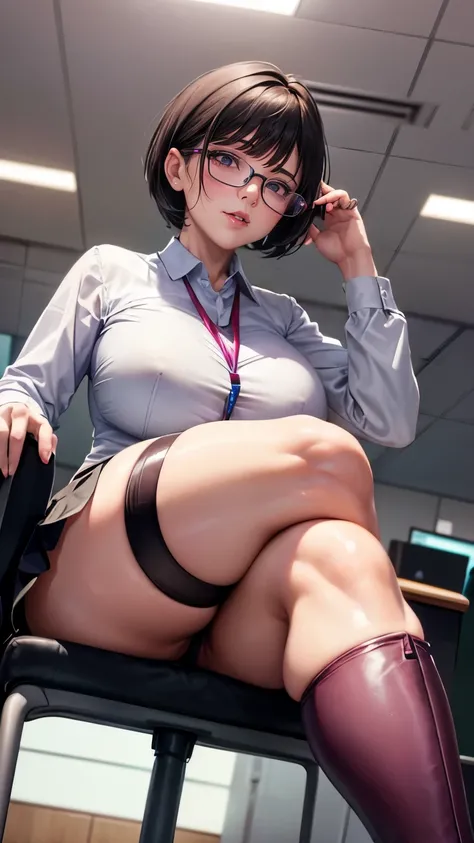 purple short hair　Glasses　white collared blouse　black tight skirt　stockings　(lanyard id card)　50 years old　red rouge plump lips　round face　Plump　(eyecontact)　((A mature woman sits on a computer desk in the office and lifts her feet and presses the soles of...