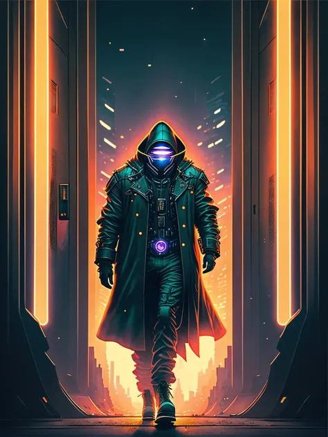 In the dimly lit alley of a futuristic cityscape, a lone figure sprints with determination towards a shimmering portal crackling with energy. The man, dressed in a worn trench coat and cybernetic enhancements, casts a determined gaze ahead, his silhouette ...