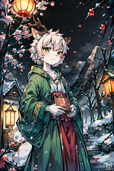 ink style，a white deer，antlers，Plum tree，Plum petals，plum blossom branch，Stand by the tree，green-shirt，long cloak，Flowing cloak，Cute Shota，green eyes，Relieved，Orange trees，The trees are full of oranges，There is a book next to you，Mountain，white hair，Purple...