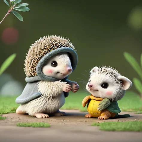 In this ultra-detailed CG art，Cute hedgehog、Playing in the garden，highest quality，High resolution，intricate details，wonderful，Cute animals，with a little turtle、